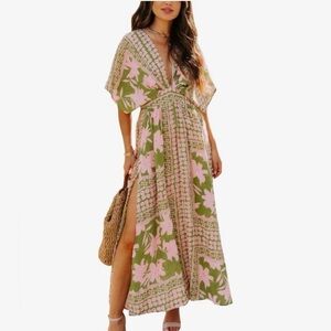 Floral V-Neck Maxi Dress in Pink and Olive